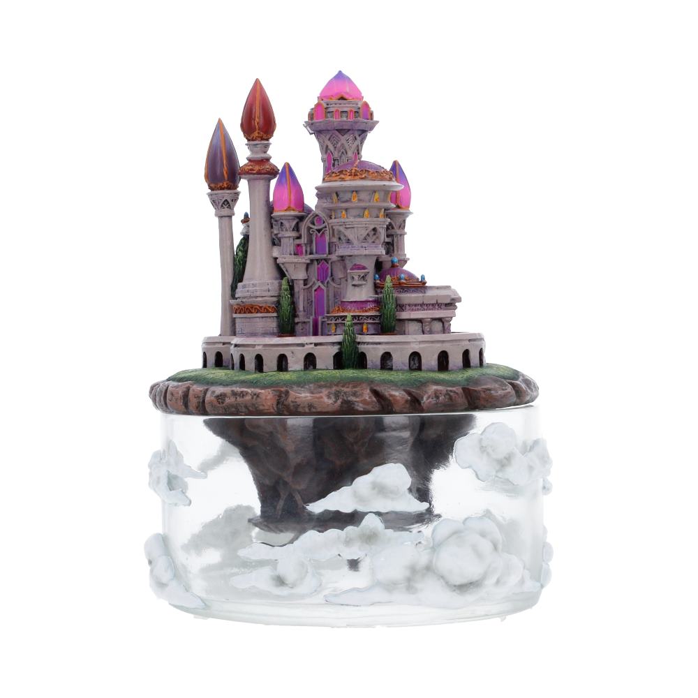 World of Warcraft City of Dalaran Box - angled view of the tall towers and rocky floating-city underside