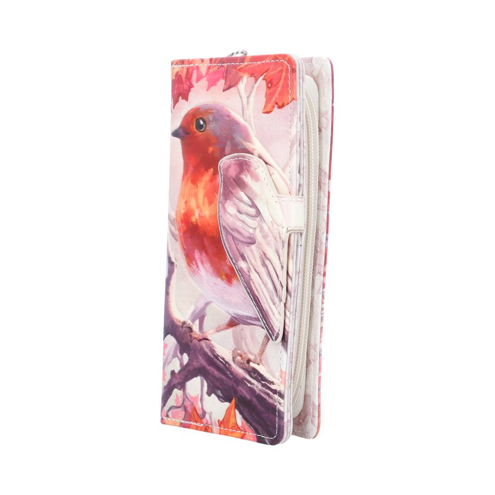 When Robins Appear Embossed Purse - angled view of robin purse and pale edge