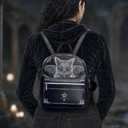 Cult Cuties Malpuss Backpack - Malpuss backpack worn over dark clothing