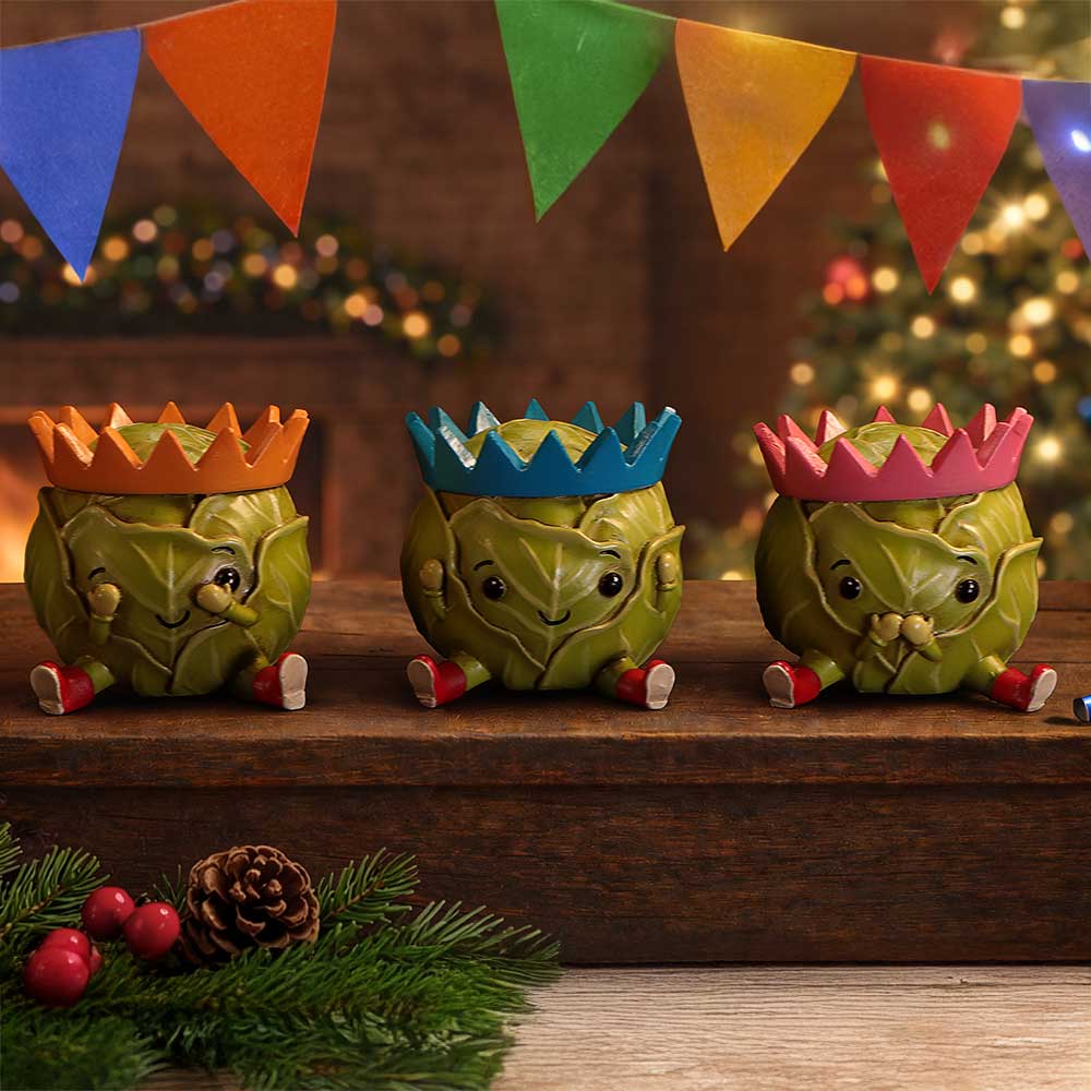 Three Wise Sprouts hand-painted green Christmas figurine trio in See No Evil, Hear No Evil and Speak No Evil poses with festive crowns