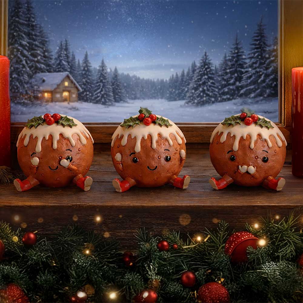 Three Wise Christmas Puddings hand-painted resin figurine trio in See No Evil, Hear No Evil and Speak No Evil poses by Nemesis Now