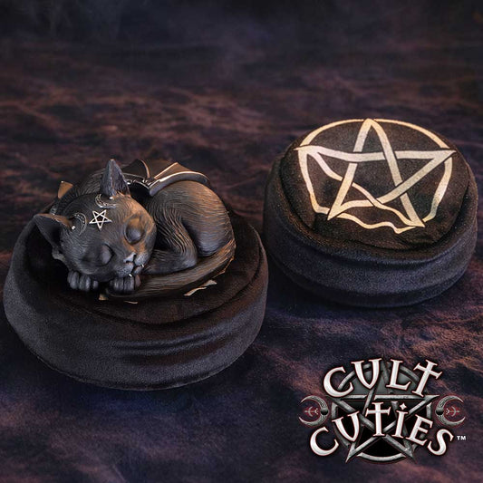 Malpuss Dreams Cult Cuties vampire cat figurine by Nemesis Now curled asleep with black bat wings, sharp teeth, silver occult symbols and bean bag cushion