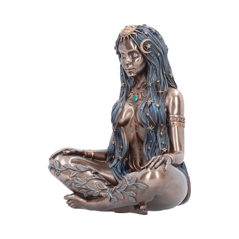 Celestial Goddess Bronze-Finish Figurine - angled view of the crossed legs, blue hair and moon-and-star accents