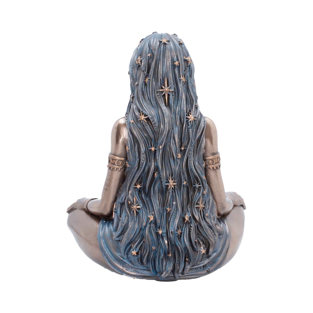 Celestial Goddess Bronze-Finish Figurine - rear showing long blue hair covered with sculpted star-like details
