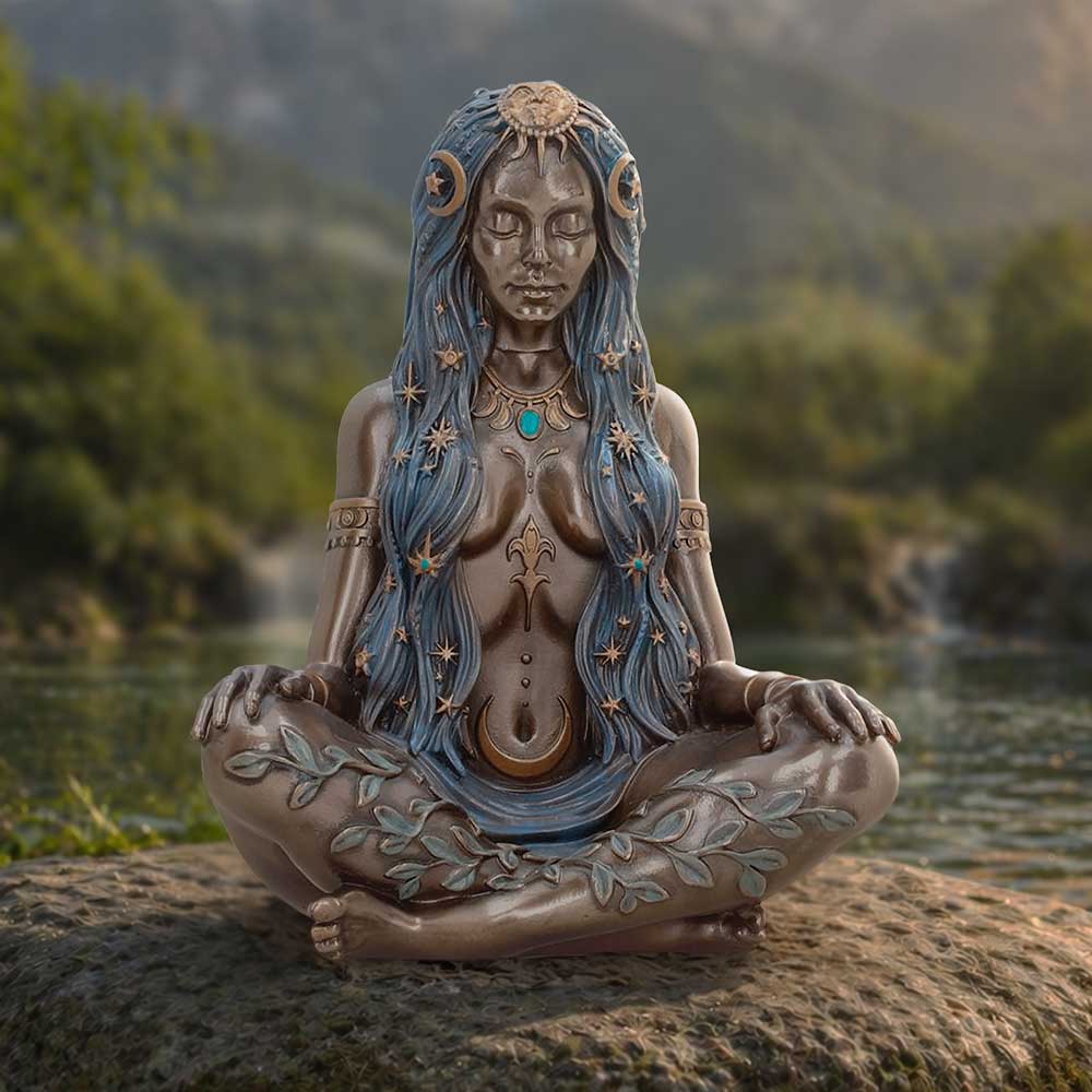 Celestial Goddess Bronze-Finish Figurine - displayed outdoors on a rock with the goddess seated cross-legged