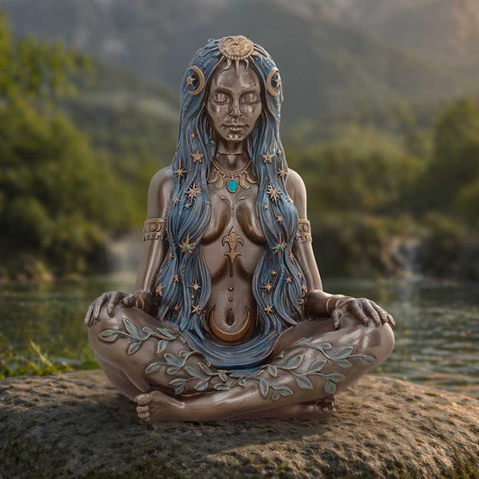 Celestial Goddess Bronze-Finish Figurine - displayed outdoors on a rock with the goddess seated cross-legged