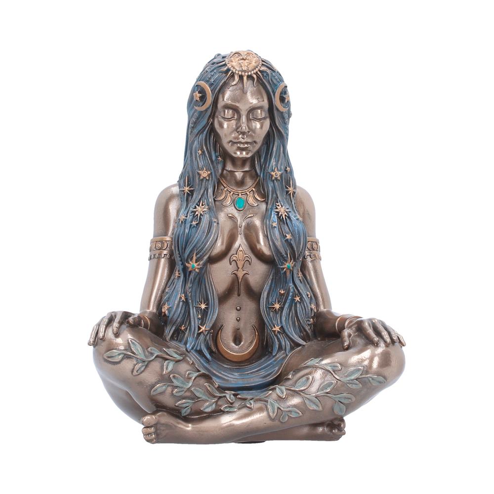 Celestial Goddess Bronze-Finish Figurine - front of the seated bronzed goddess with flowing blue hair and celestial detail
