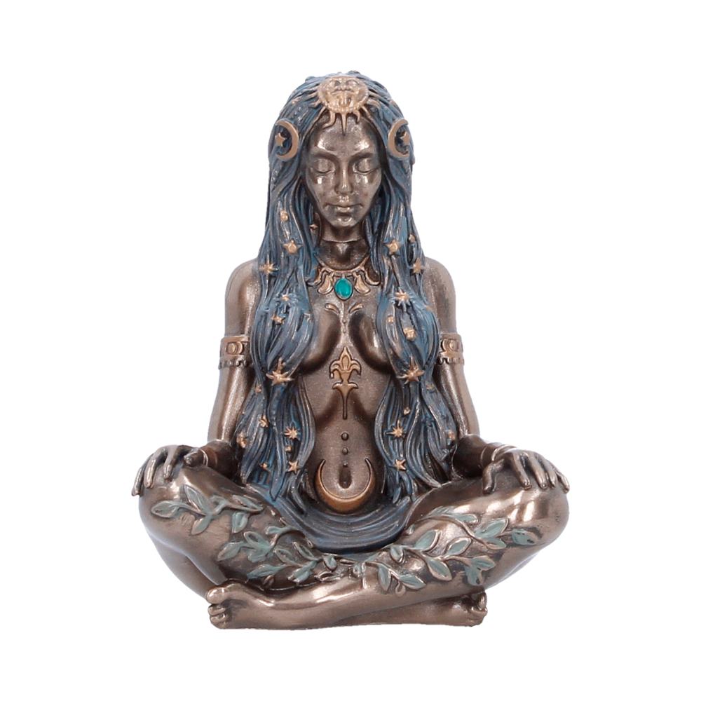 Celestial Goddess Bronze-Finish Mini Figurine - Front showing seated goddess with blue celestial hair