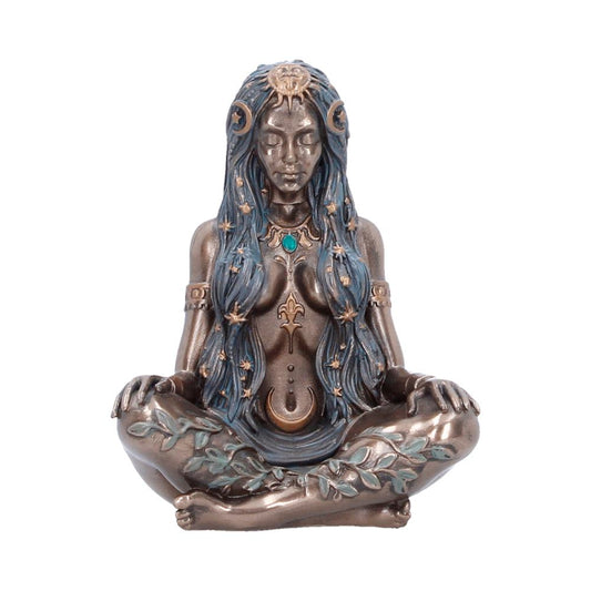 Celestial Goddess Bronze-Finish Mini Figurine - Front showing seated goddess with blue celestial hair
