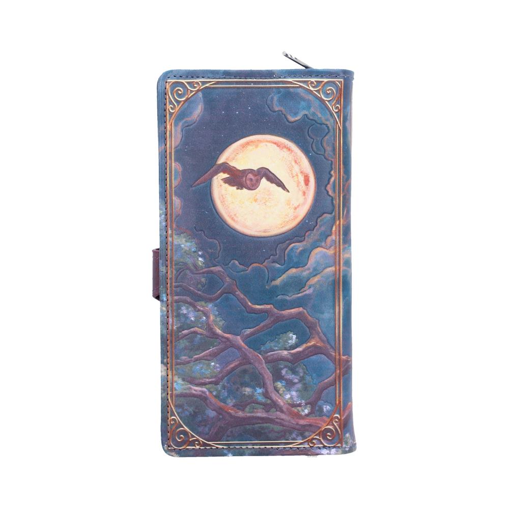Moonlit Flight Embossed Owl Purse - Reverse showing a flying silhouette across the full moon