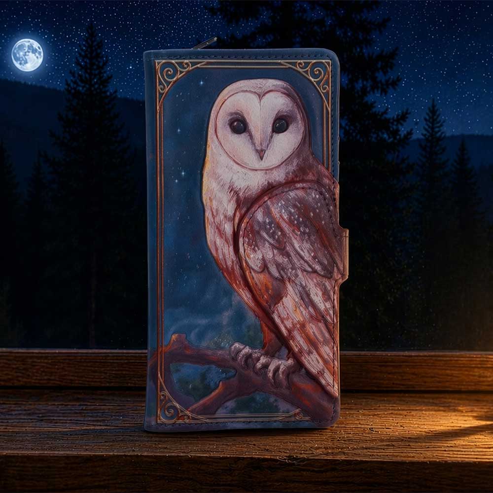Moonlit Flight Embossed Owl Purse - Owl purse in a styled moonlit woodland display