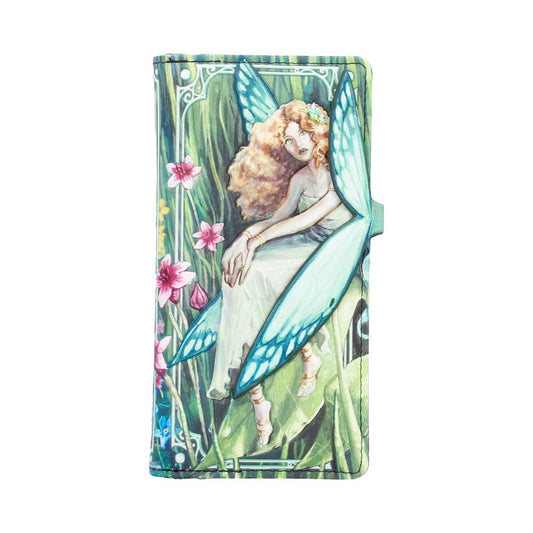 Forest Flight Embossed Fairy Purse - Front with seated fairy, blue-edged wings and flowers