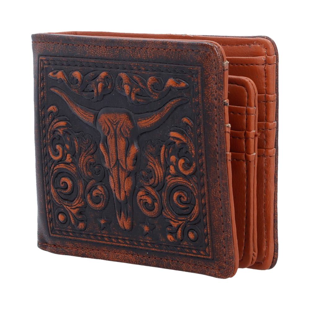 Wild West Embossed Bull Skull Wallet - Partly open wallet showing card-slot interior