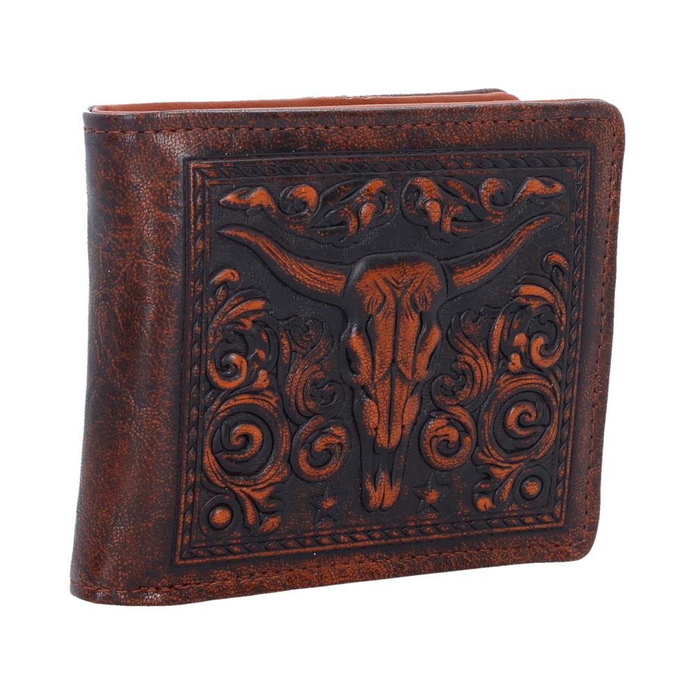 Wild West Embossed Bull Skull Wallet - Angle showing raised skull artwork and folded shape