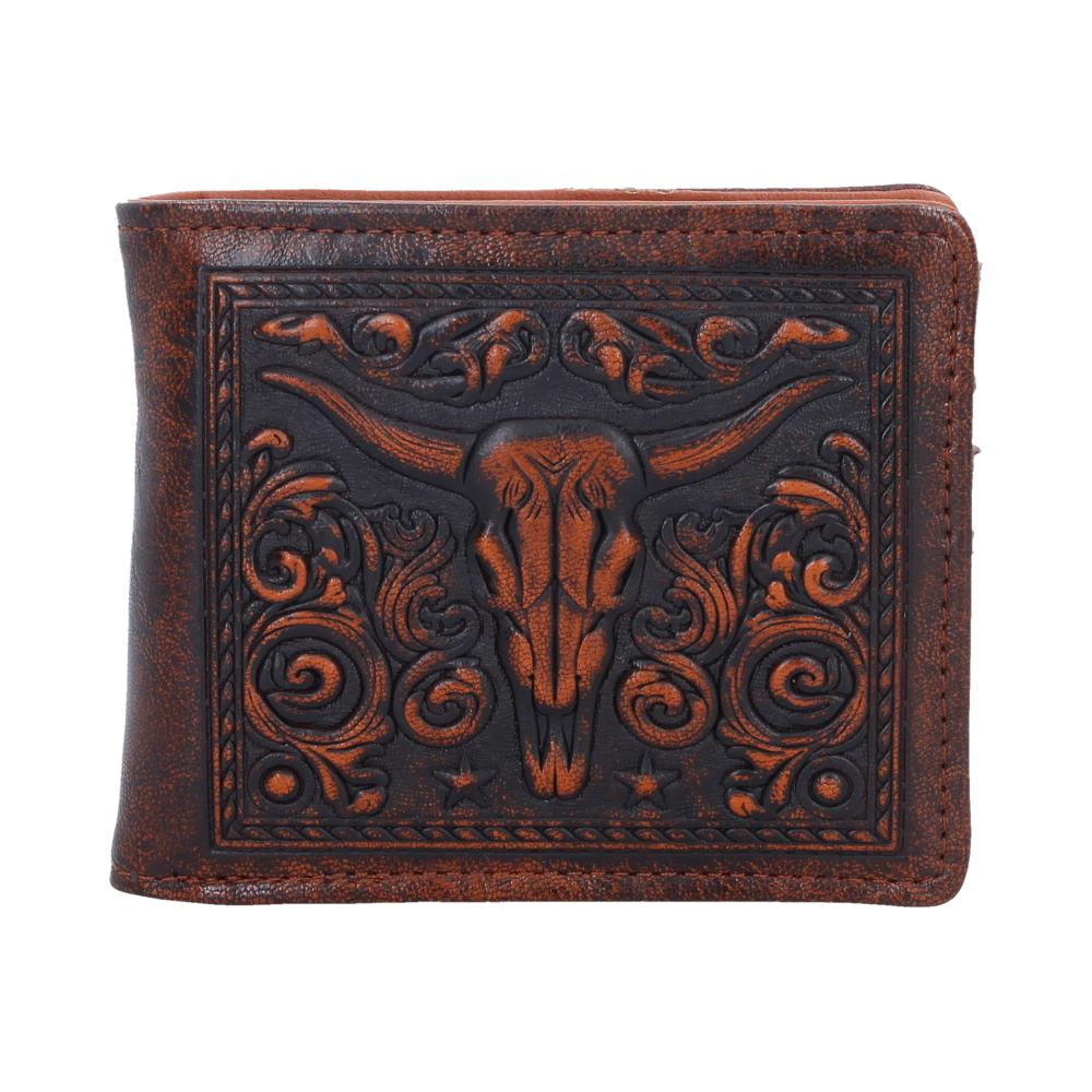 Wild West Embossed Bull Skull Wallet - Front with embossed bull skull and floral scrollwork