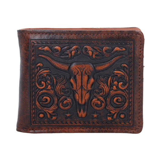Wild West Embossed Bull Skull Wallet - Front with embossed bull skull and floral scrollwork