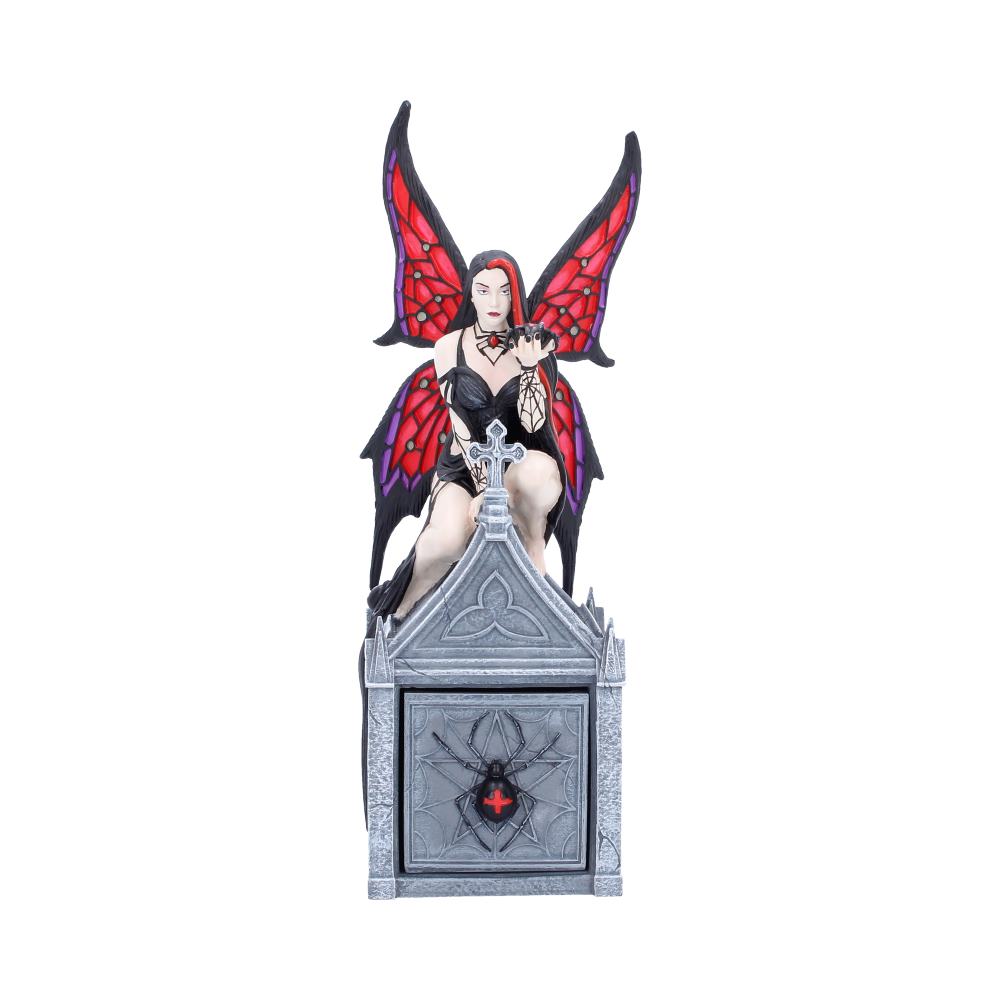 Anne Stokes Aracnafaria Gothic Trinket Box - Front showing red-winged fairy above spider-decorated box