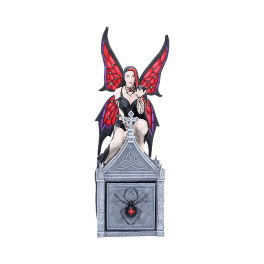 Anne Stokes Aracnafaria Gothic Trinket Box - Front showing red-winged fairy above spider-decorated box