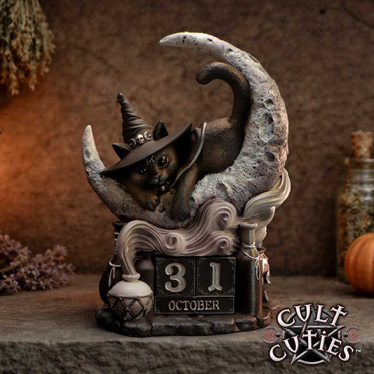 Purrah Cult Cuties perpetual calendar by Nemesis Now with gothic cat resting in a grey crescent moon, spell bottles, potion smoke and black wooden date blocks