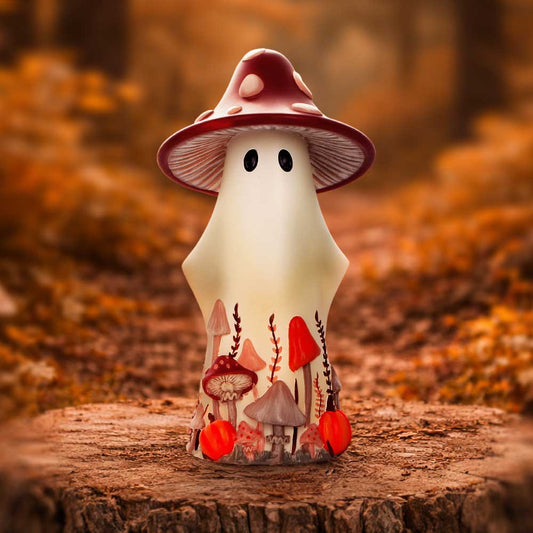 Boo-Who? Maybel mushroom ghost figurine by Nemesis Now with spotted toadstool, smaller mushrooms, pumpkins and glossy black eyes