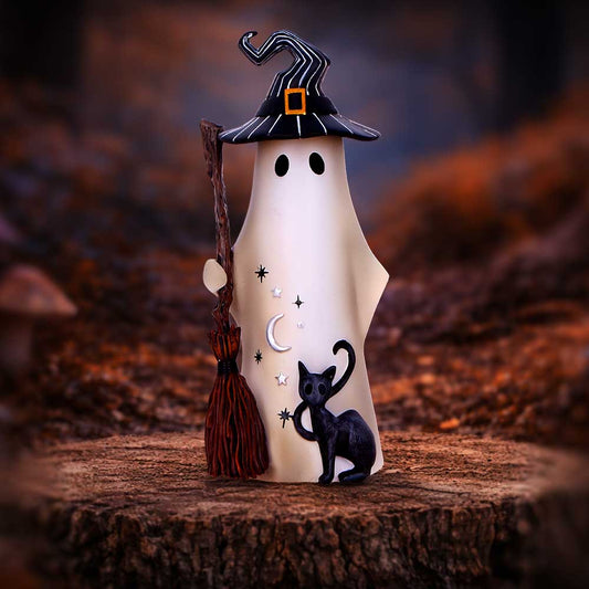 Boo-Who? Enid witch ghost figurine by Nemesis Now with crooked hat, broomstick, black cat familiar, crescent moon and star details