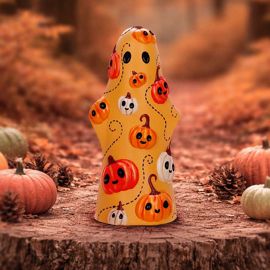 Boo-Who? Herbert 13.5cm ghost figurine by Nemesis Now with vibrant pumpkin-themed detail and colourful creepy-cute Halloween styling
