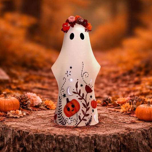 Boo-Who? Florence ghost figurine by Nemesis Now with layered floral crown, pumpkins and autumn leaf detailing