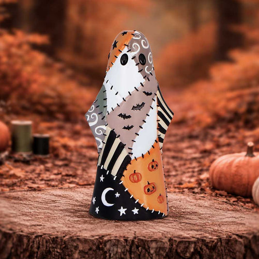 Boo-Who? Patch ghost figurine by Nemesis Now with stitched patchwork patterns, pumpkins, bats, stripes, swirls and celestial motifs