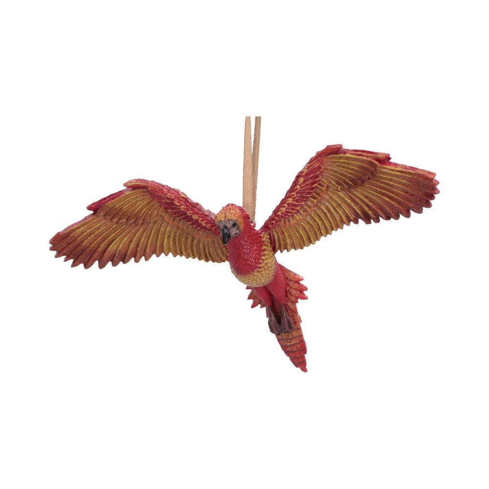 Harry Potter Fawkes in Flight Hanging Ornament - Angle showing hanging ribbon and layered feathers