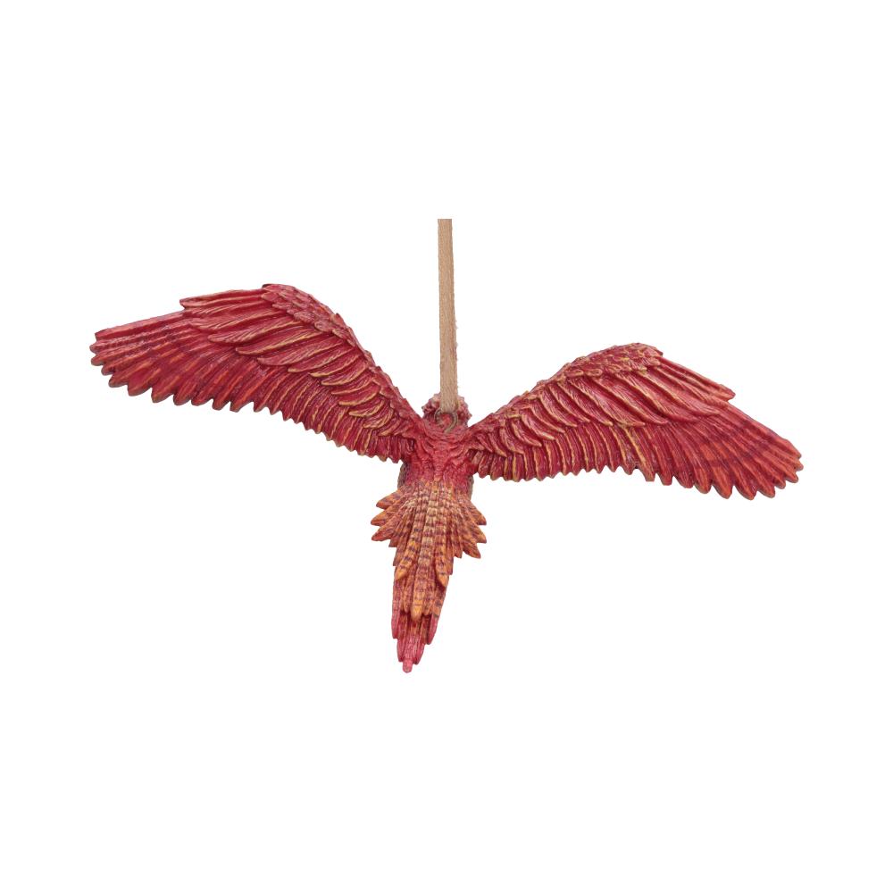 Harry Potter Fawkes in Flight Hanging Ornament - Rear showing red feathers and trailing tail
