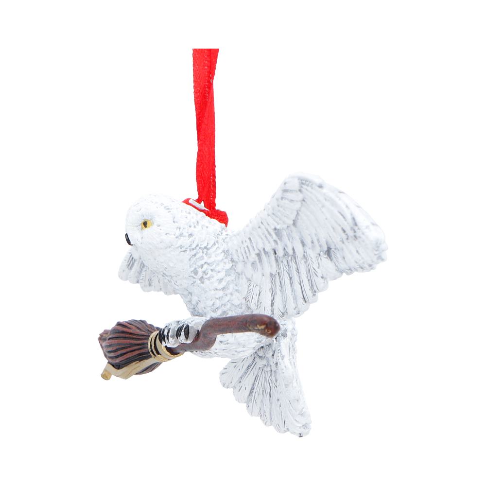 Harry Potter Hedwig in Flight Hanging Ornament - Angle of outstretched wings and Nimbus 2000