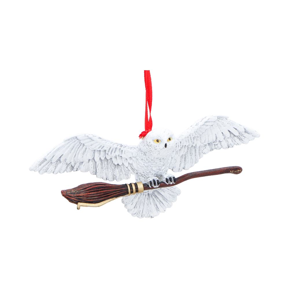 Harry Potter Hedwig in Flight Hanging Ornament - Alternate front of pale feathers and broomstick