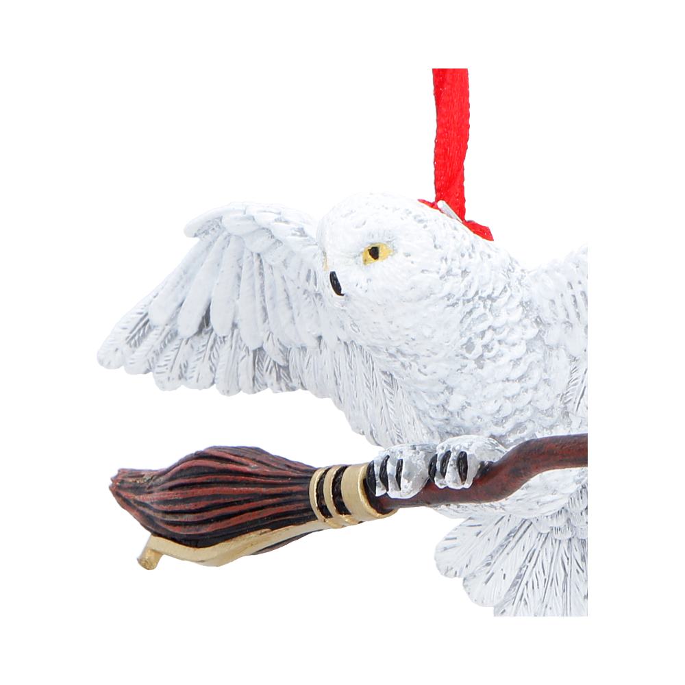 Harry Potter Hedwig in Flight Hanging Ornament - Close detail of owl face, claws and broom