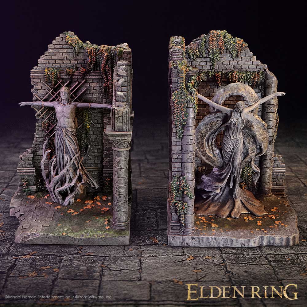 Elden Ring Radagon and Queen Marika Bookends - Elden Ring bookends in a styled game display