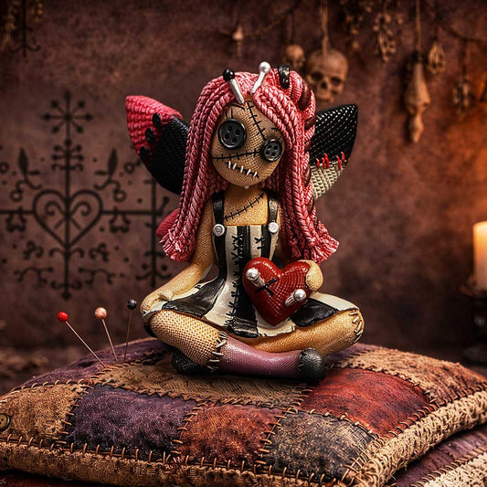 Pinny Thimble Stitchlings fairy doll figurine by Nemesis Now with pink hair, button eyes, stitched wings and a red heart pierced with pins