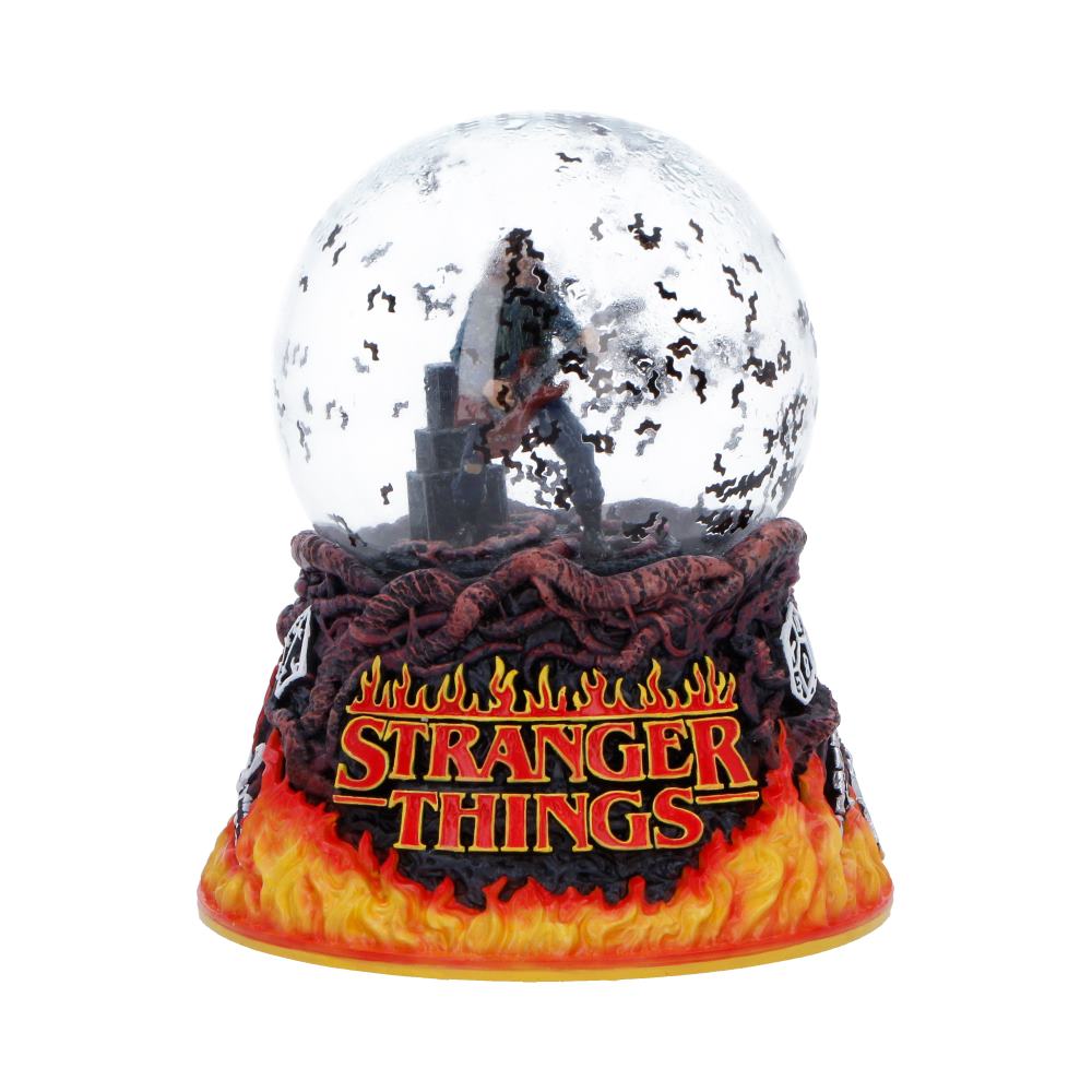 Stranger Things Eddie’s Sacrifice Snow Globe - Front showing Eddie and bats above flame-coloured base