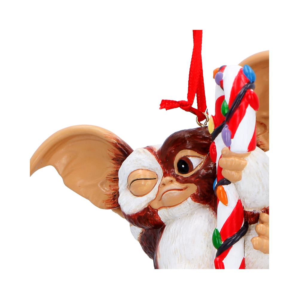 Gremlins Gizmo Candy Cane Hanging Ornament - Close detail of Gizmo face and coloured light shapes