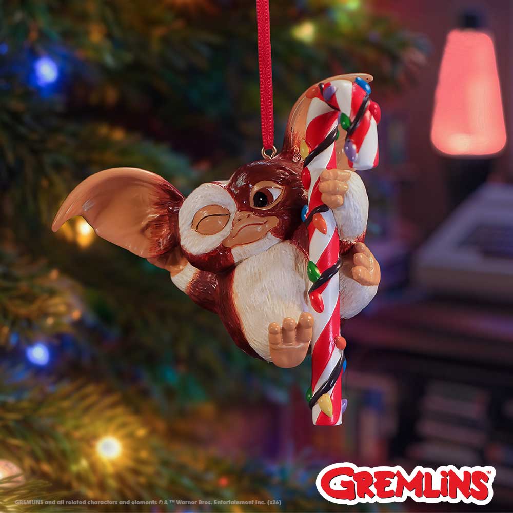 Gremlins Gizmo Candy Cane Hanging Ornament - Gizmo candy cane hanging in a festive display