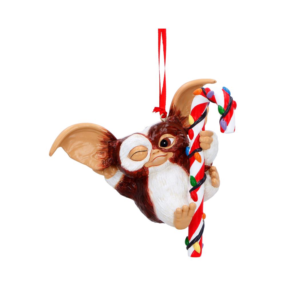 Gremlins Gizmo Candy Cane Hanging Ornament - Front showing winking Gizmo gripping candy cane