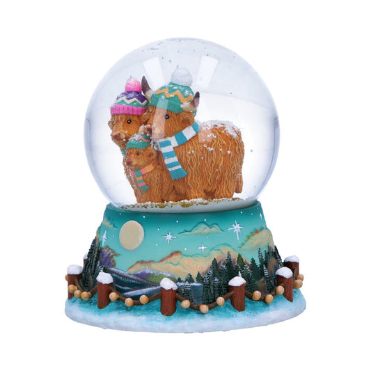 Winter Highland Cow Family Snow Globe - Angle of cows and turquoise landscape base