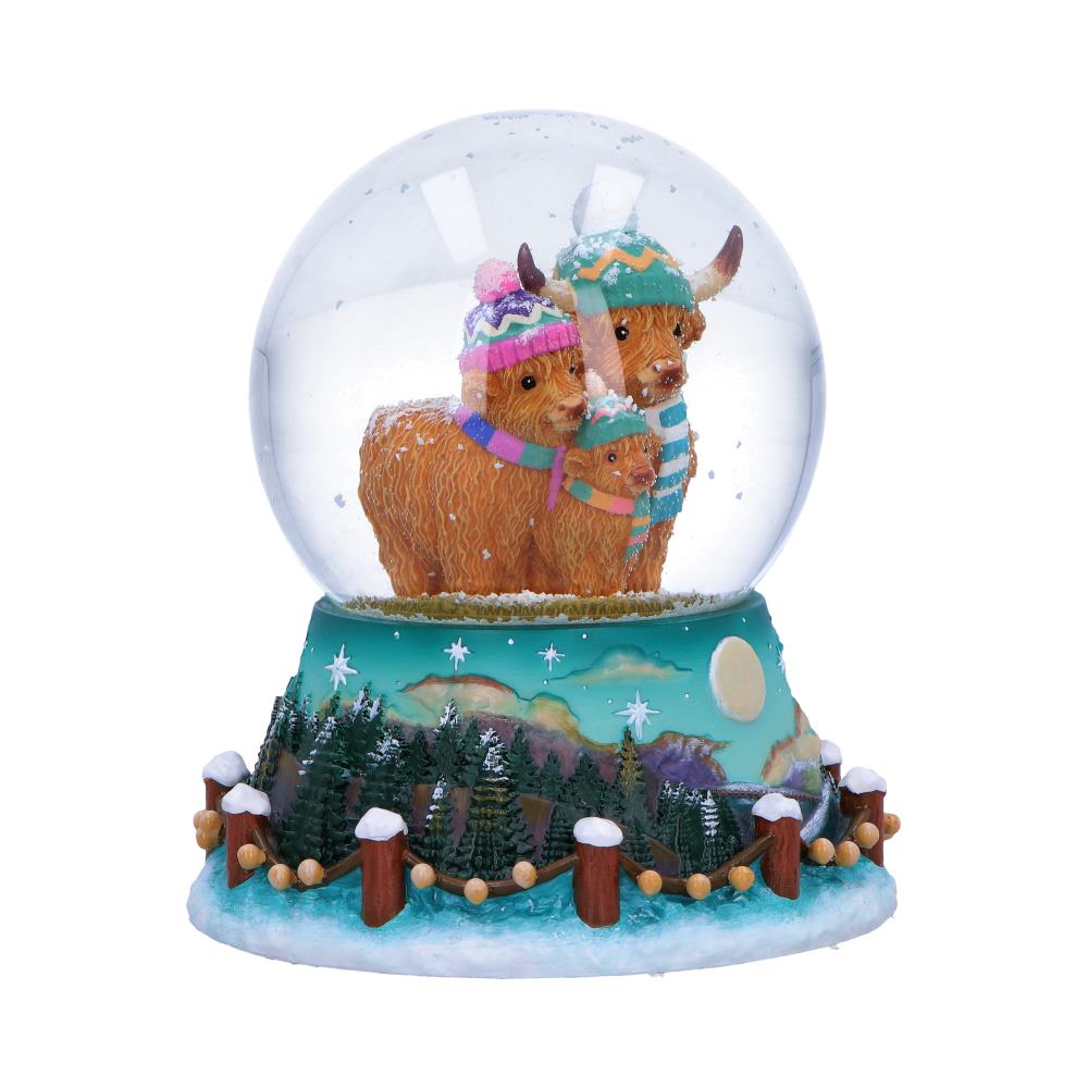 Winter Highland Cow Family Snow Globe - Opposite front with scarves and moonlit base