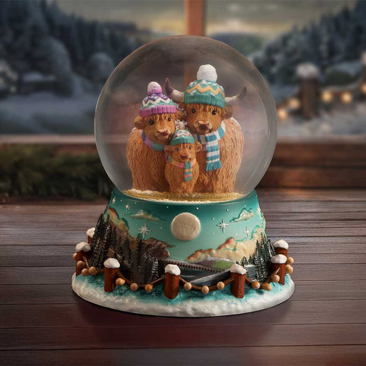 Winter Highland Cow Family Snow Globe - Cow family snow globe in a styled winter setting