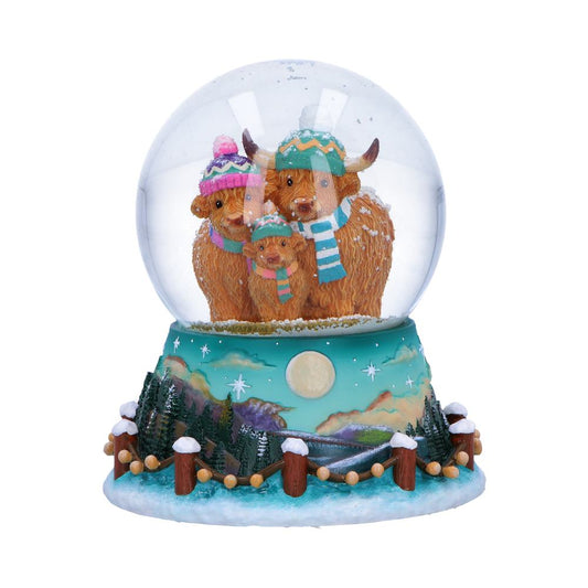 Winter Highland Cow Family Snow Globe - Front showing Highland cow family in winter hats