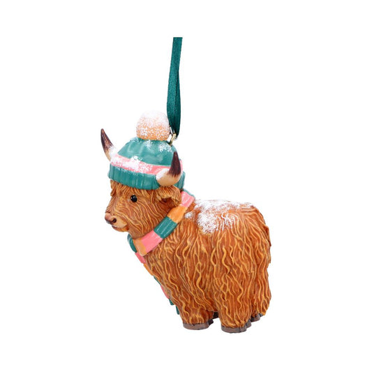 Winter Highland Cow Snowfall Hanging Ornament - Side of shaggy cow with snow on its back