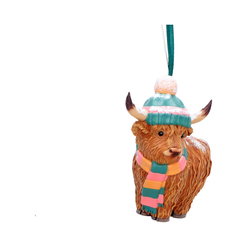 Winter Highland Cow Snowfall Hanging Ornament - Opposite front of horns and winter clothing