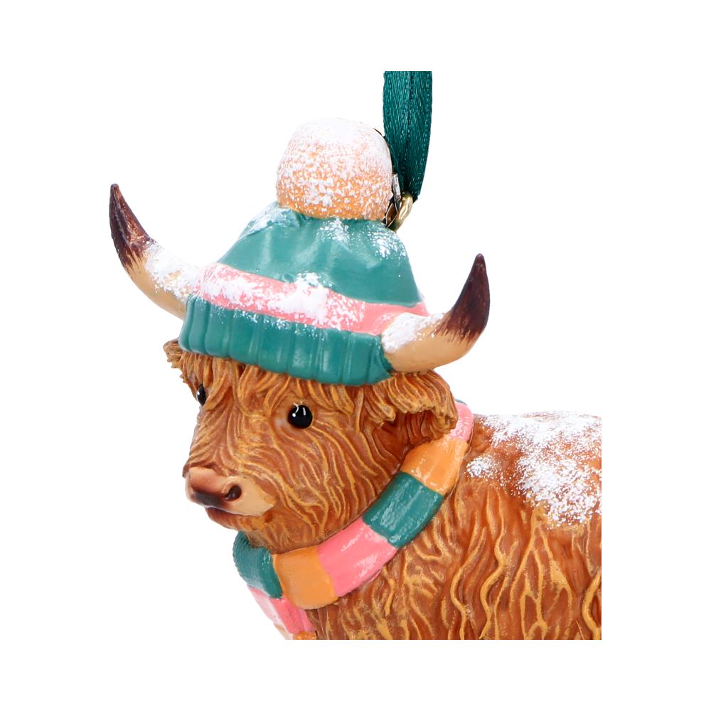 Winter Highland Cow Snowfall Hanging Ornament - Close detail of cow face and snowy hat