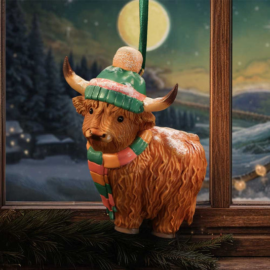 Winter Highland Cow Snowfall Hanging Ornament - Cow hanging ornament in a styled winter display