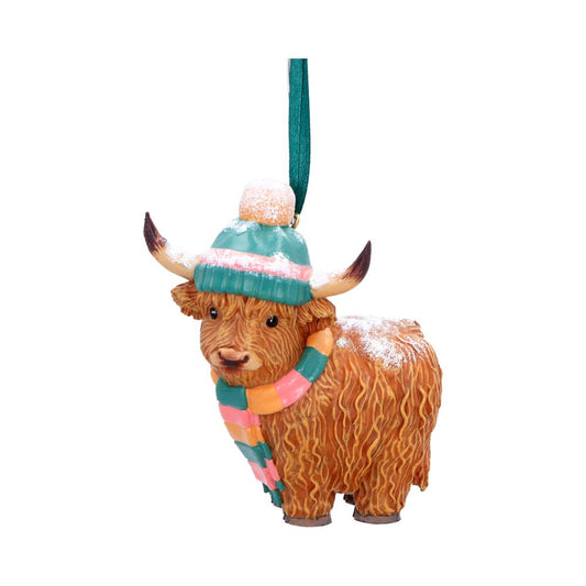Winter Highland Cow Snowfall Hanging Ornament - Front showing cow in bobble hat and striped scarf