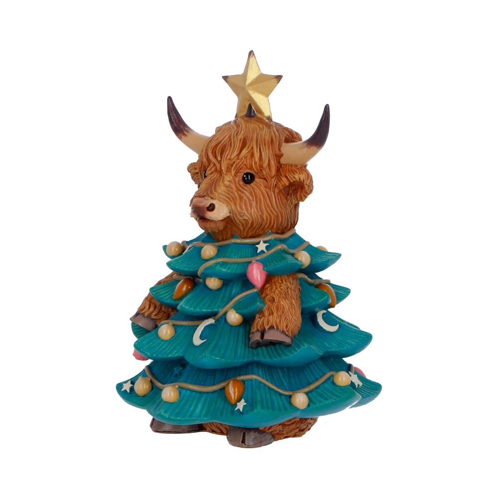 Winter Highland Cow Christmas Tree Figurine - Side of turquoise branches and small hooves