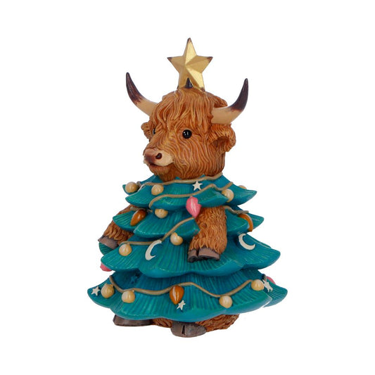 Winter Highland Cow Christmas Tree Figurine - Side of turquoise branches and small hooves